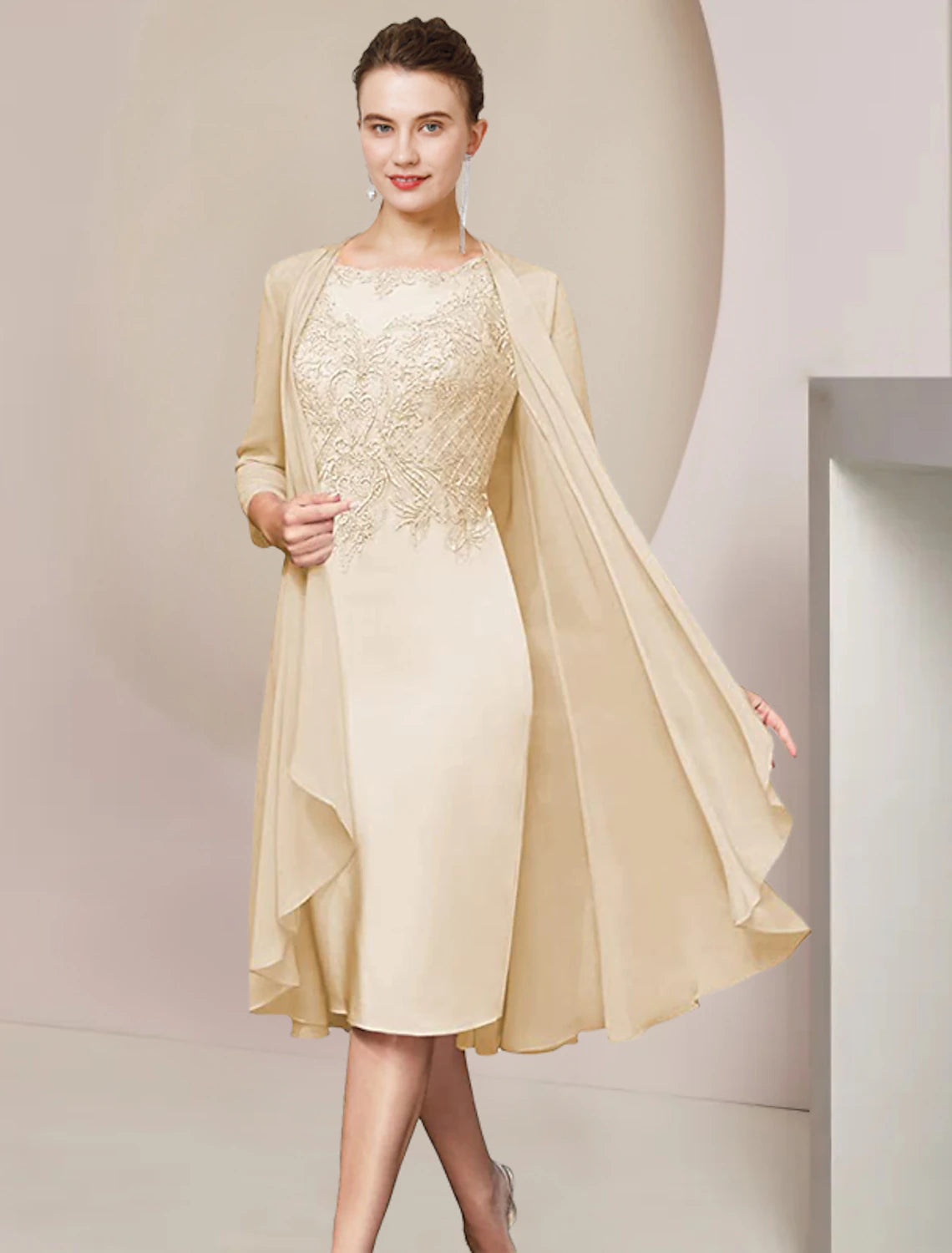 Luolandi Two Piece Sheath / Column Mother of the Bride Dress Formal Wedding Guest Elegant Scoop Neck Knee Length Chiffon Lace Half Sleeve Jacket Dresses